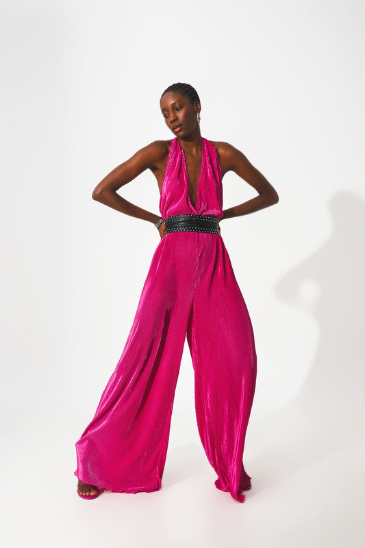 Satin halter neck pleated maxi jumpsuit in fuchsia - Dresses