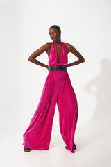 Satin halter neck pleated maxi jumpsuit in fuchsia