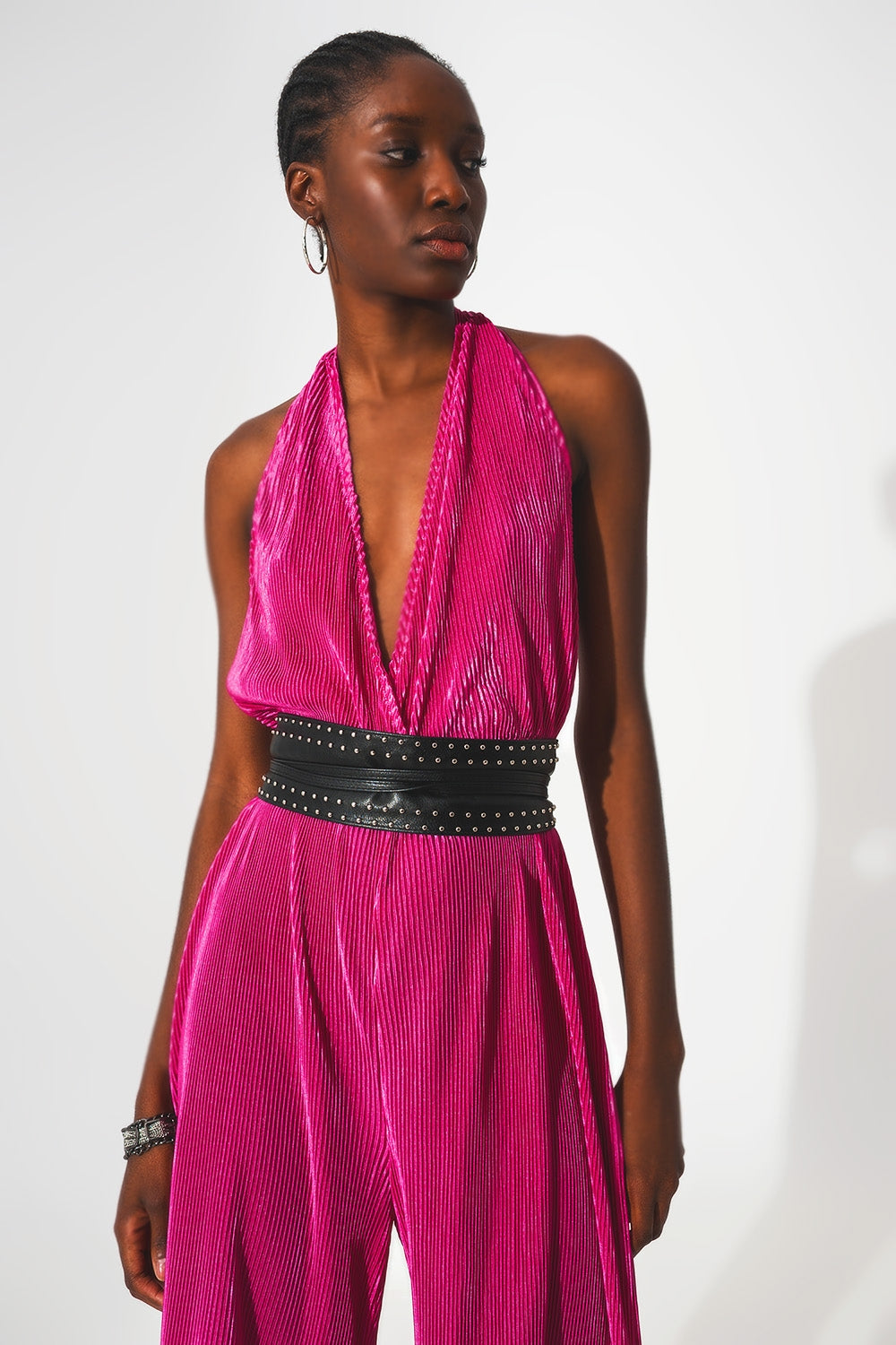 Satin halter neck pleated maxi jumpsuit in fuchsia - Dresses