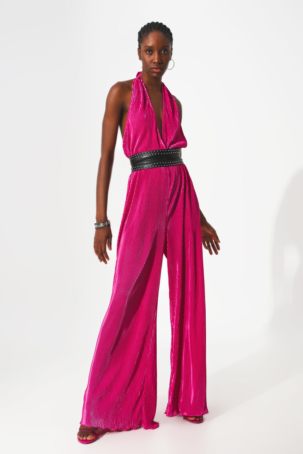 Satin halter neck pleated maxi jumpsuit in fuchsia - Dresses