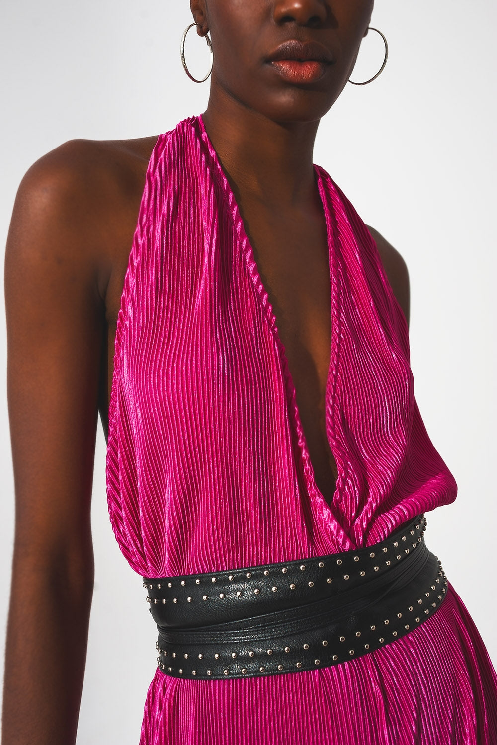 Satin halter neck pleated maxi jumpsuit in fuchsia - Dresses