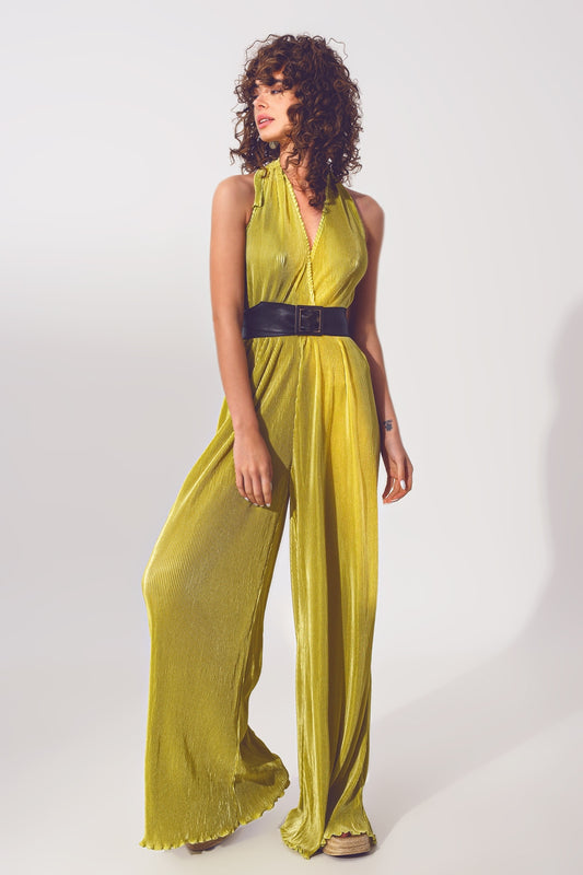 Satin Halter Neck pleated maxi jumpsuit in Green - Jumpsuits