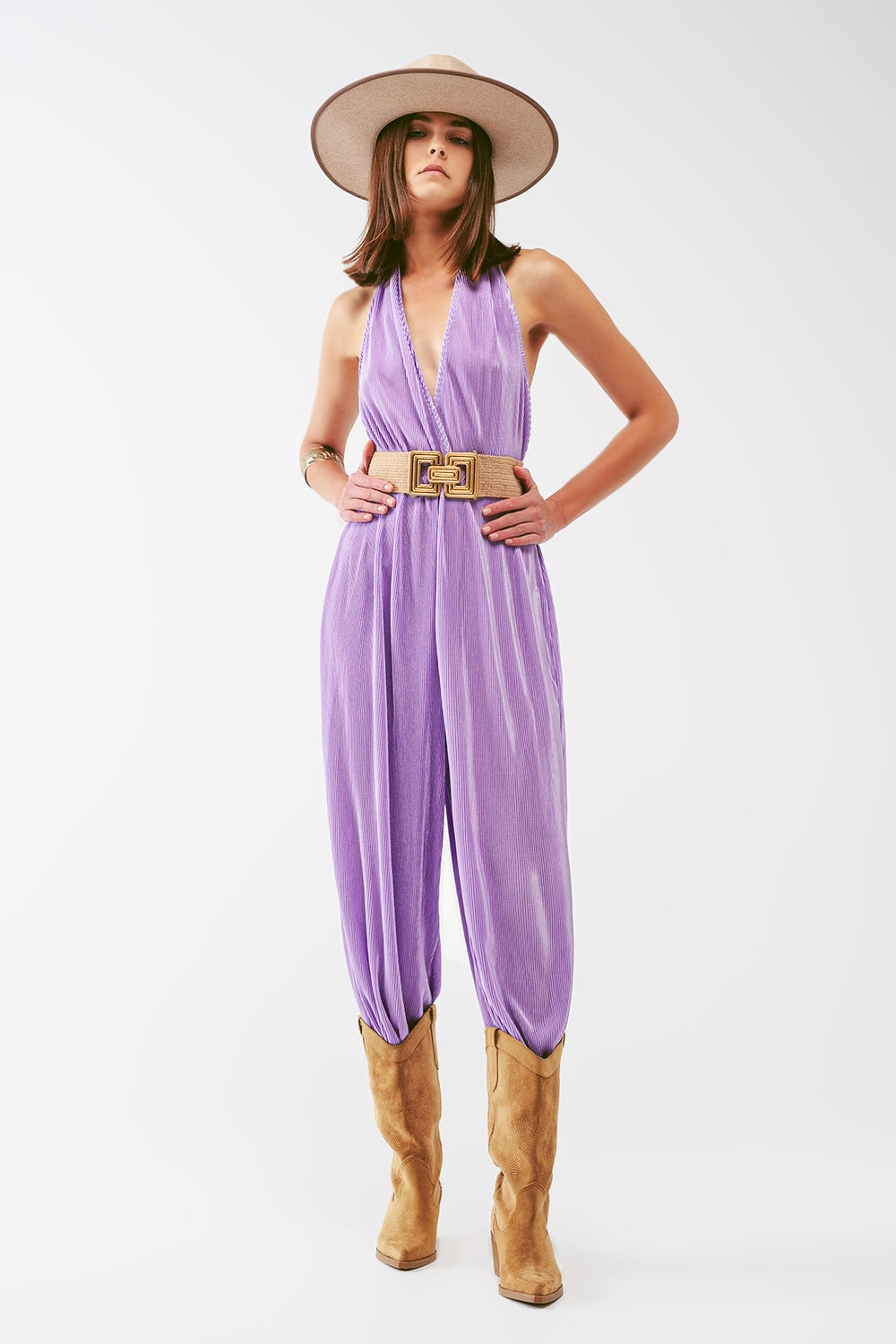Satin Halter Neck Pleated Maxi Jumpsuit in lilac - Dresses