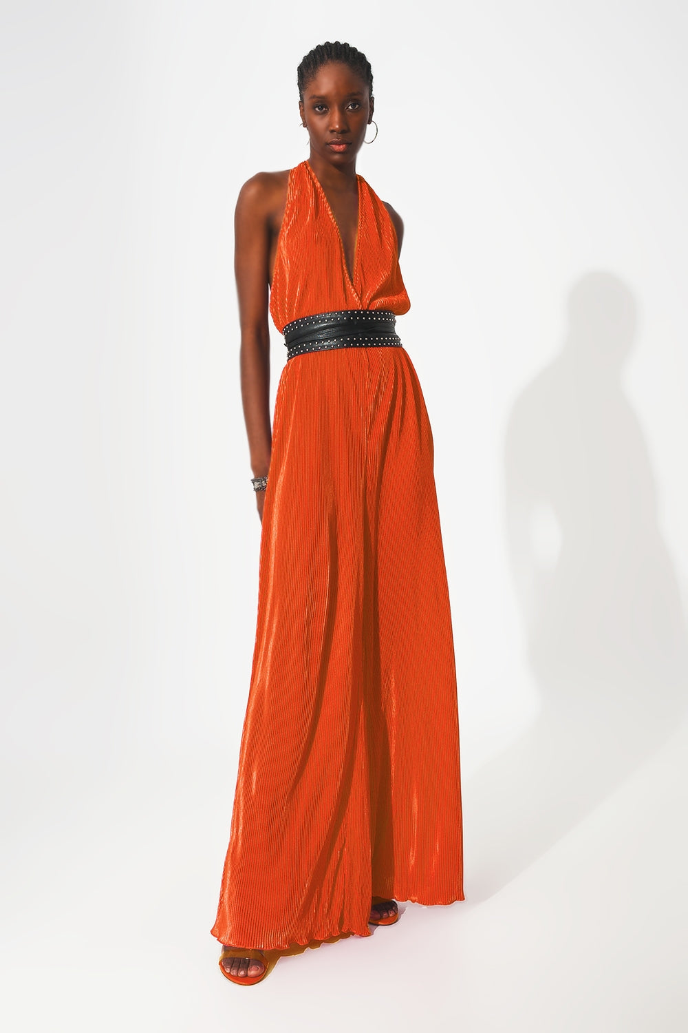 Satin halter neck pleated maxi jumpsuit in orange - Jumpsuits