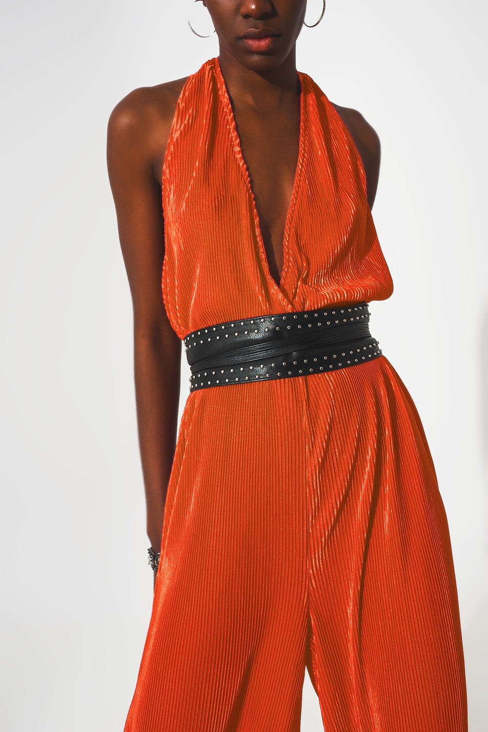 Satin halter neck pleated maxi jumpsuit in orange - Jumpsuits