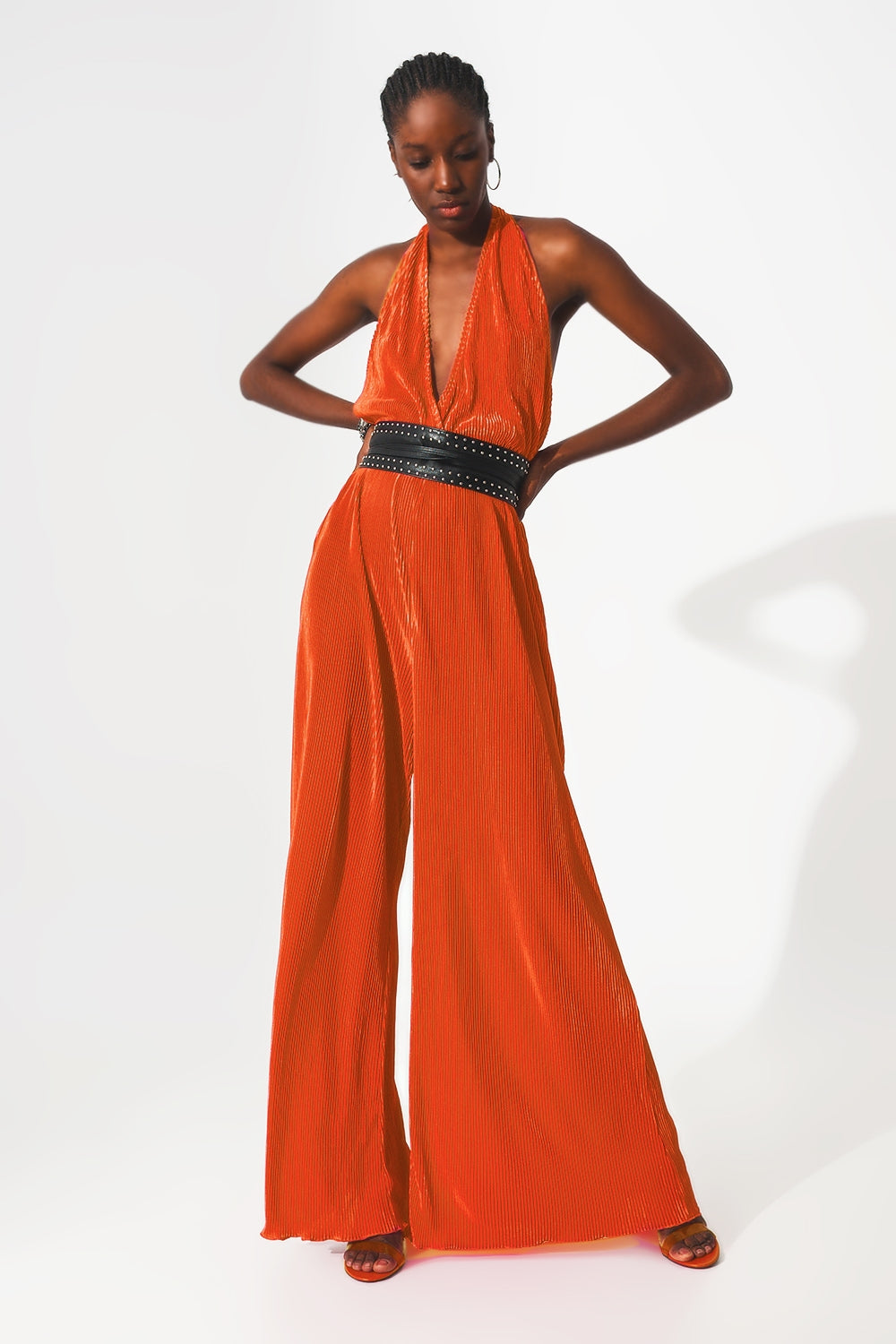 Satin halter neck pleated maxi jumpsuit in orange - Jumpsuits