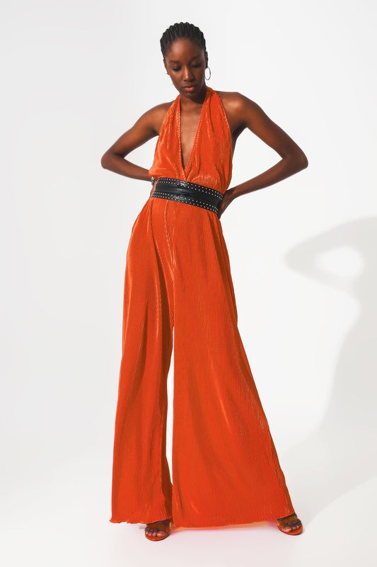 Satin halter neck pleated maxi jumpsuit in orange - Jumpsuits