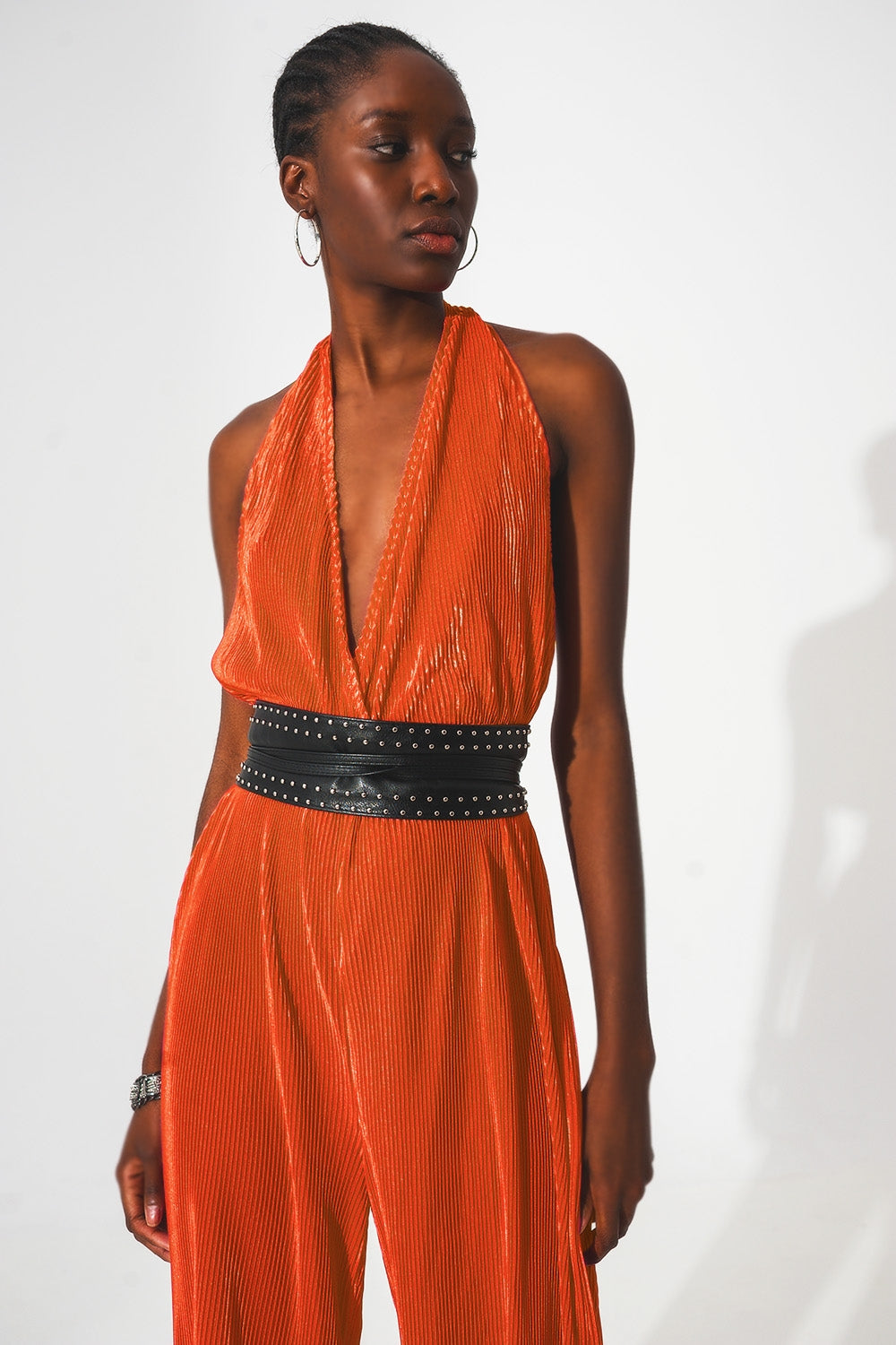 Satin halter neck pleated maxi jumpsuit in orange - Jumpsuits