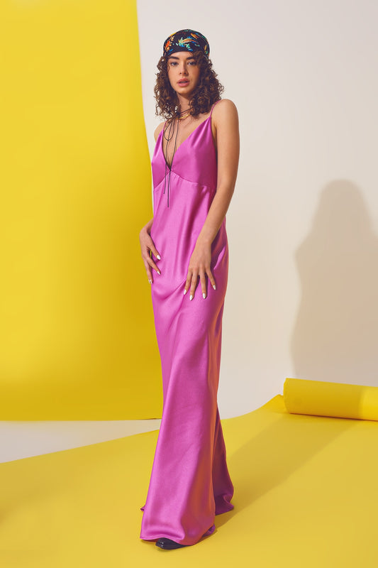Satin Maxi Dress With Spaghetti Straps in Fuchsia - Dresses