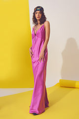 Satin Maxi Dress With Spaghetti Straps in Fuchsia