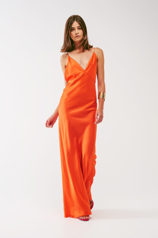Satin Maxi Dress with Spaghetti Straps in Orange - Dresses