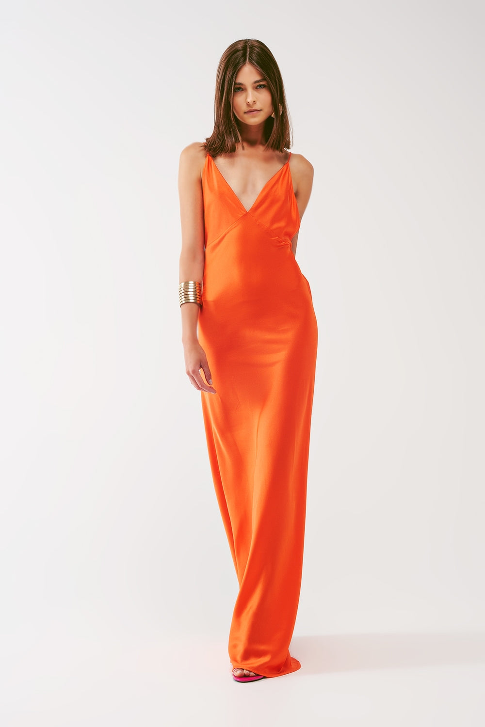 Satin Maxi Dress with Spaghetti Straps in Orange - Dresses