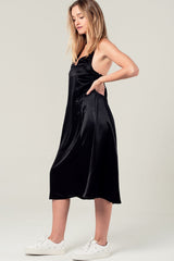 Satin midi dress with back detail in black