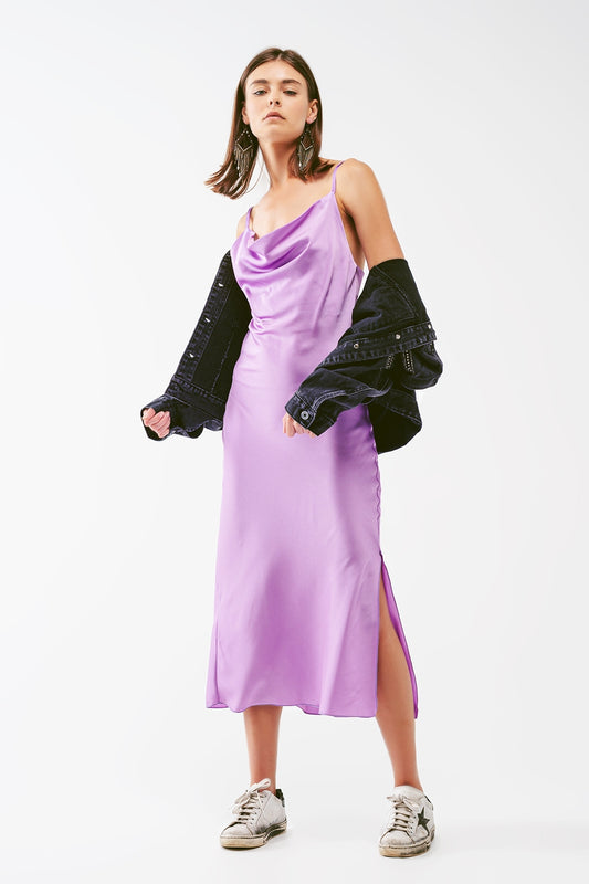 Satin Midi Dress With Cowl Neck in lilac - Dresses