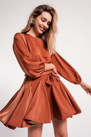 Satin mini dress with belt in orange