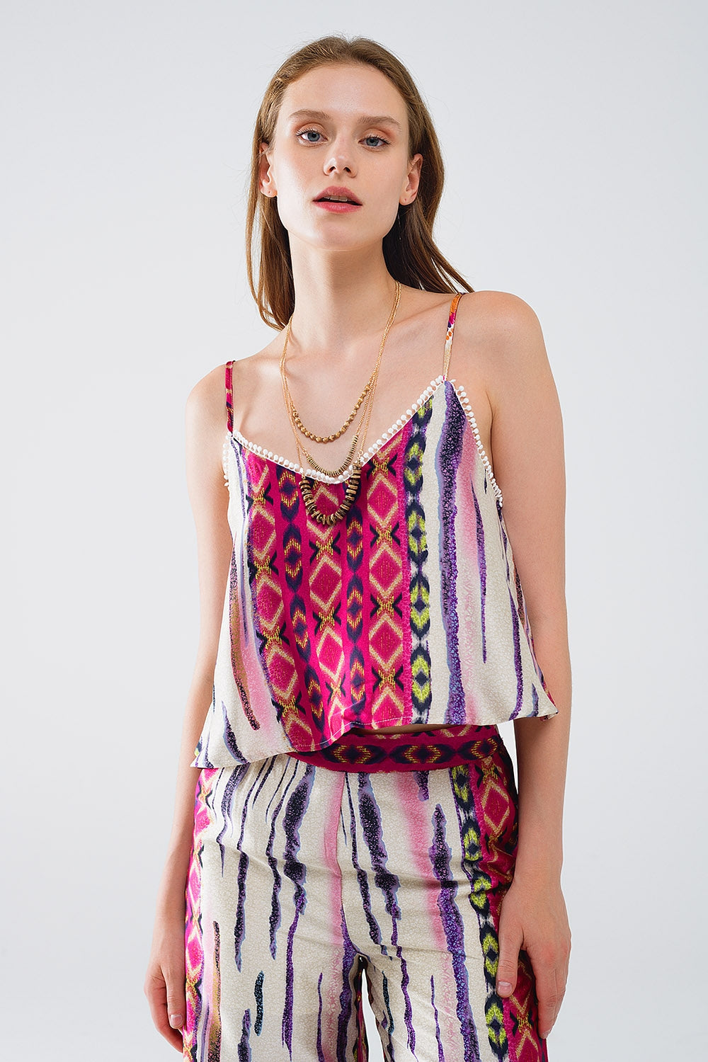 Satin Multicolored Sleeveless Top With Abstract Print - Tops