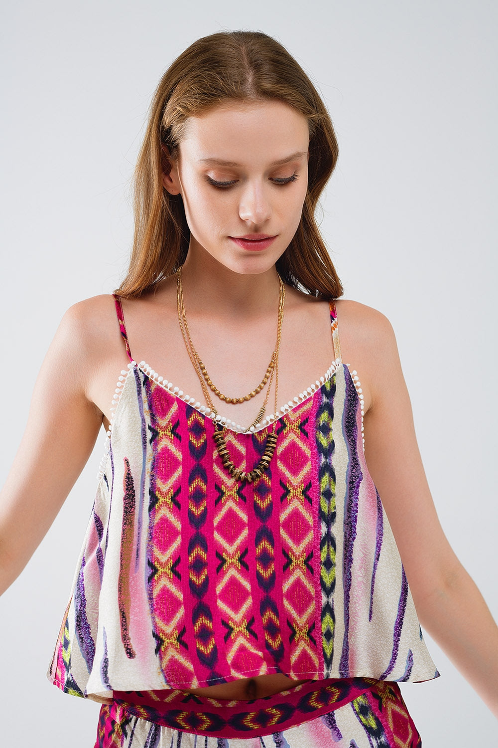 Satin Multicolored Sleeveless Top With Abstract Print - Tops