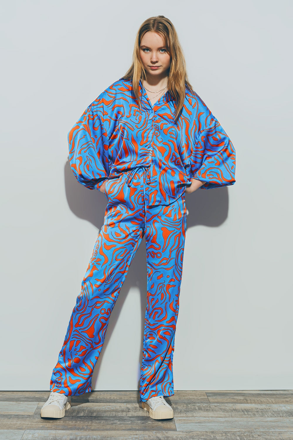 Satin Pants with Elastic Waist in Blue - Trousers