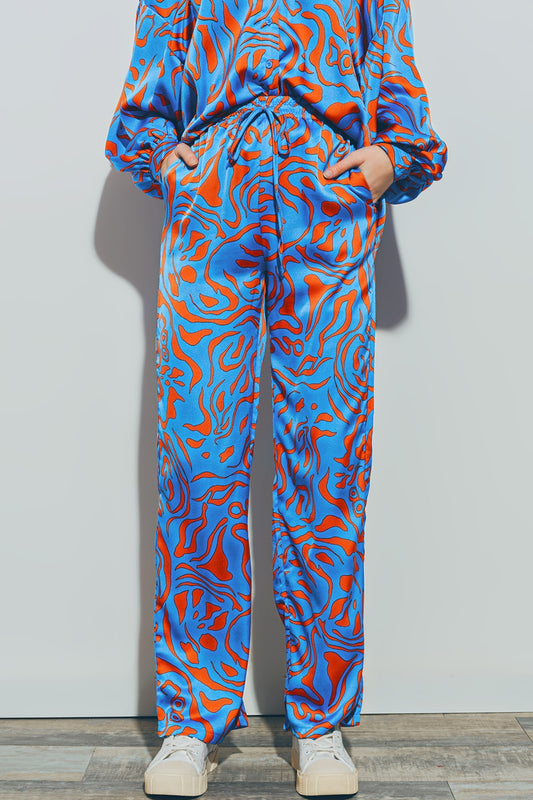 Satin Pants with Elastic Waist in Blue - Trousers