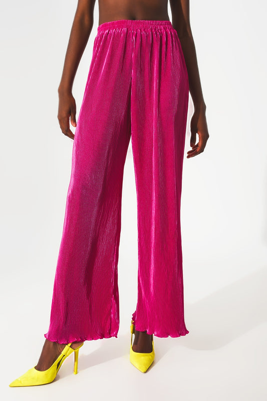 Satin pleated wide leg pants in fuchsia - Pants