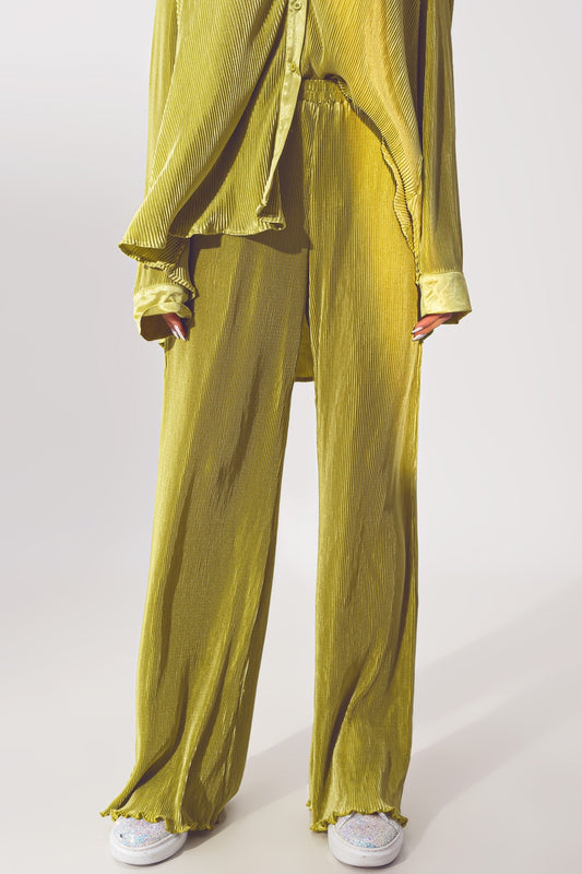 Satin Pleated Wide Leg Pants in Green - Trousers
