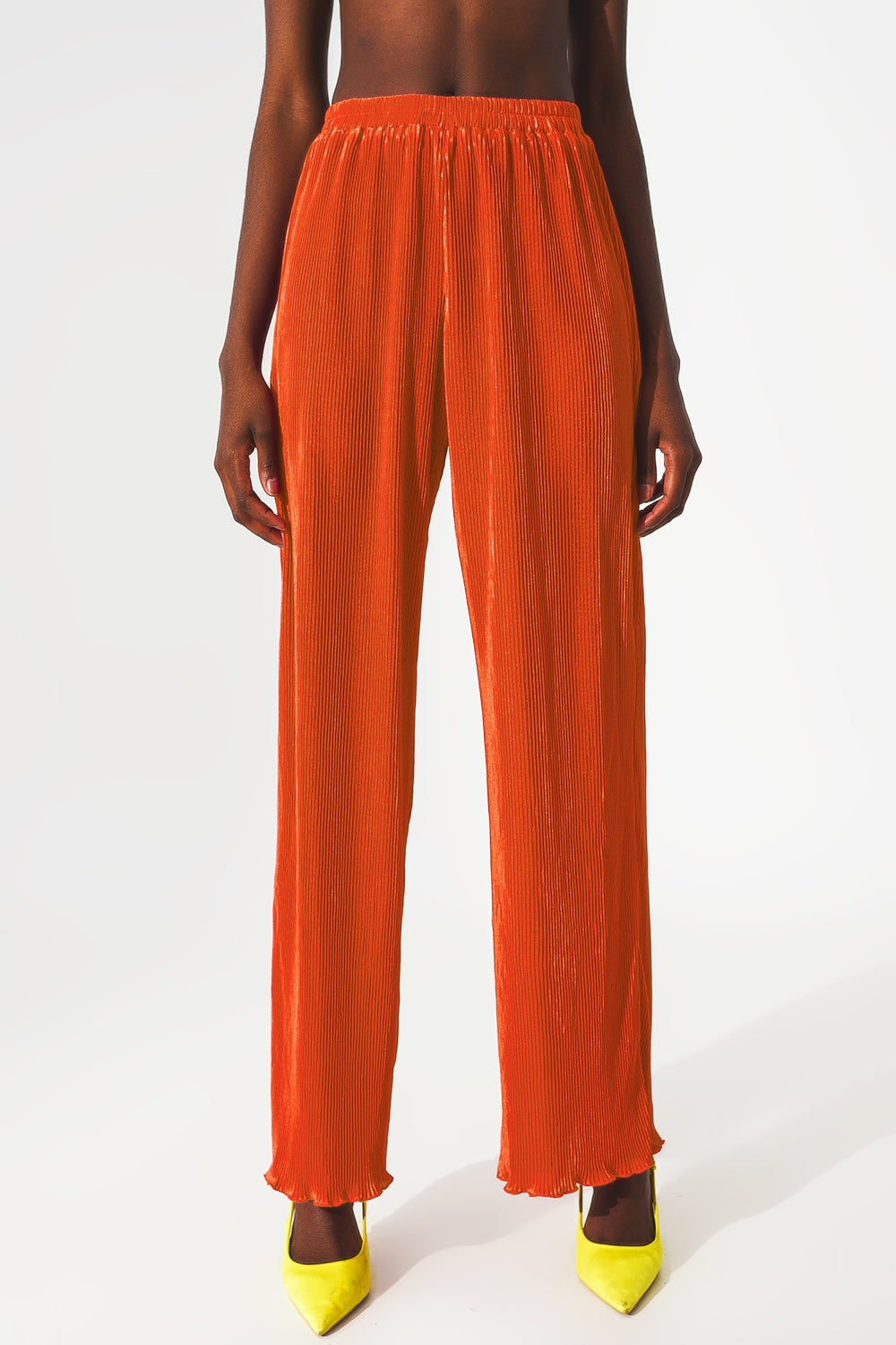 Satin pleated wide leg pants in orange - Trousers
