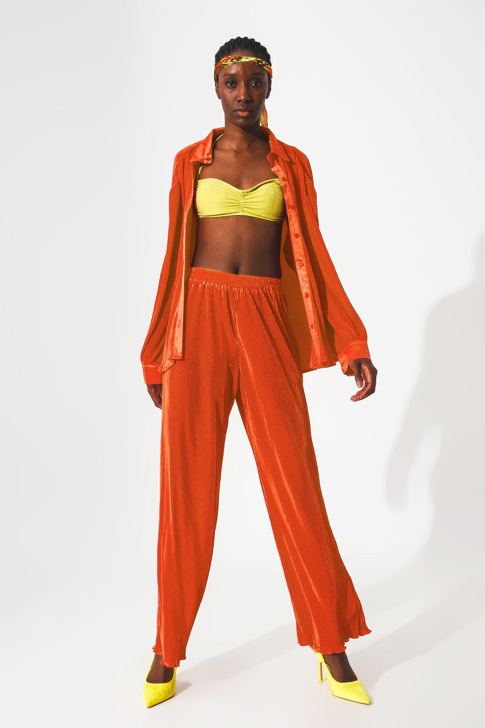 Satin pleated wide leg pants in orange - Trousers