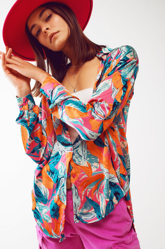 Satin Shirt In Floral Print in Orange - Shirts