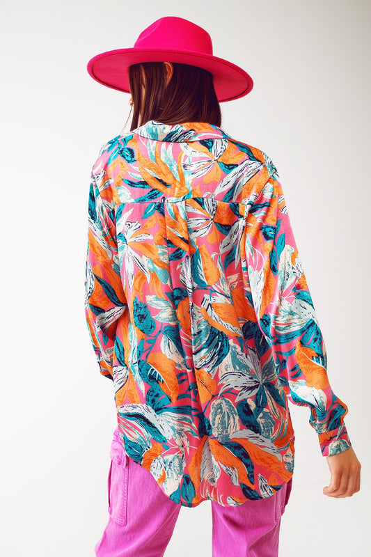 Satin Shirt In Floral Print in Orange - Shirts