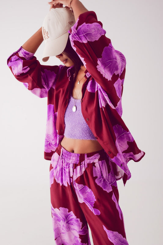 Satin shirt in fuchsia with large floral print - Shirts