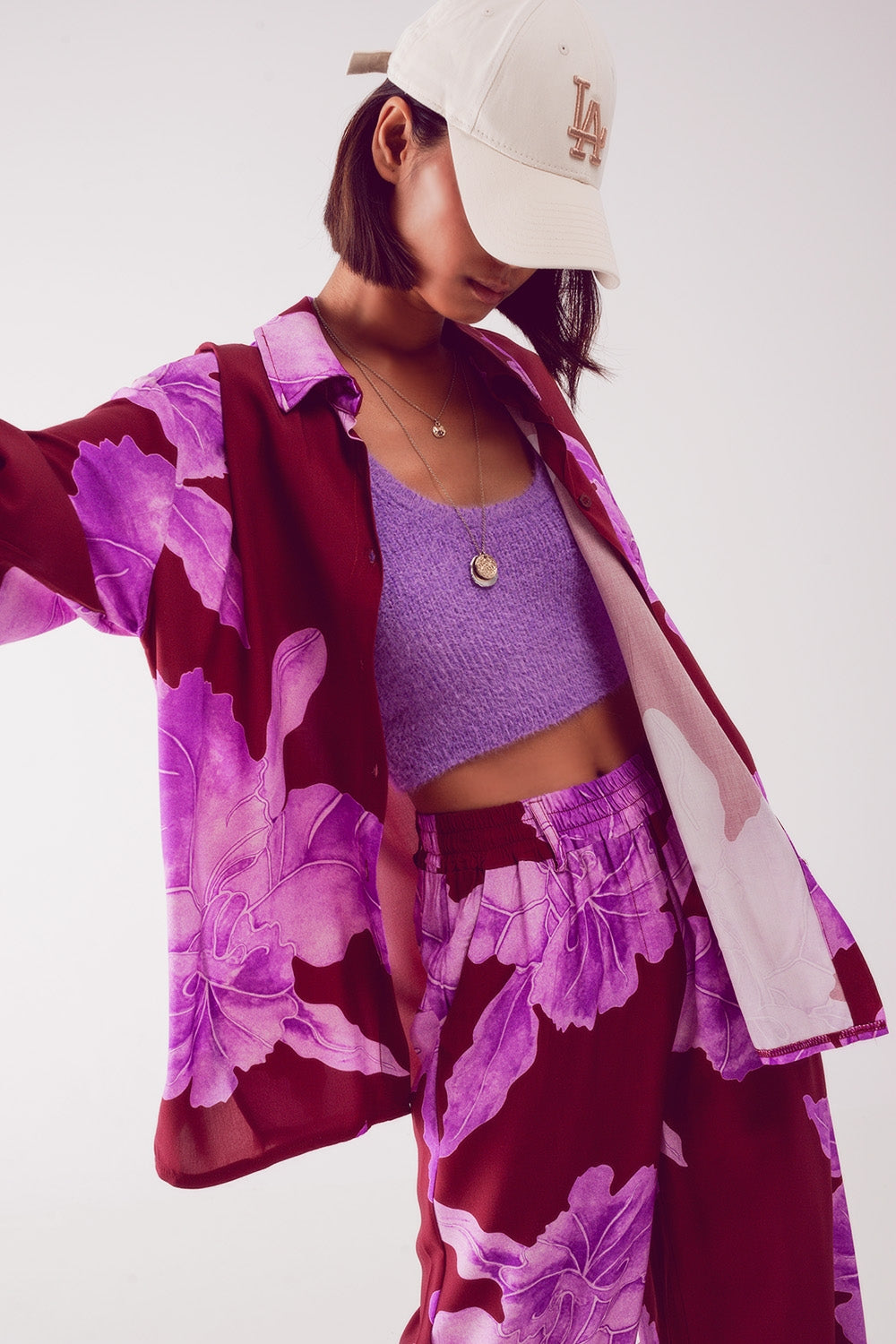 Satin shirt in fuchsia with large floral print - Shirts