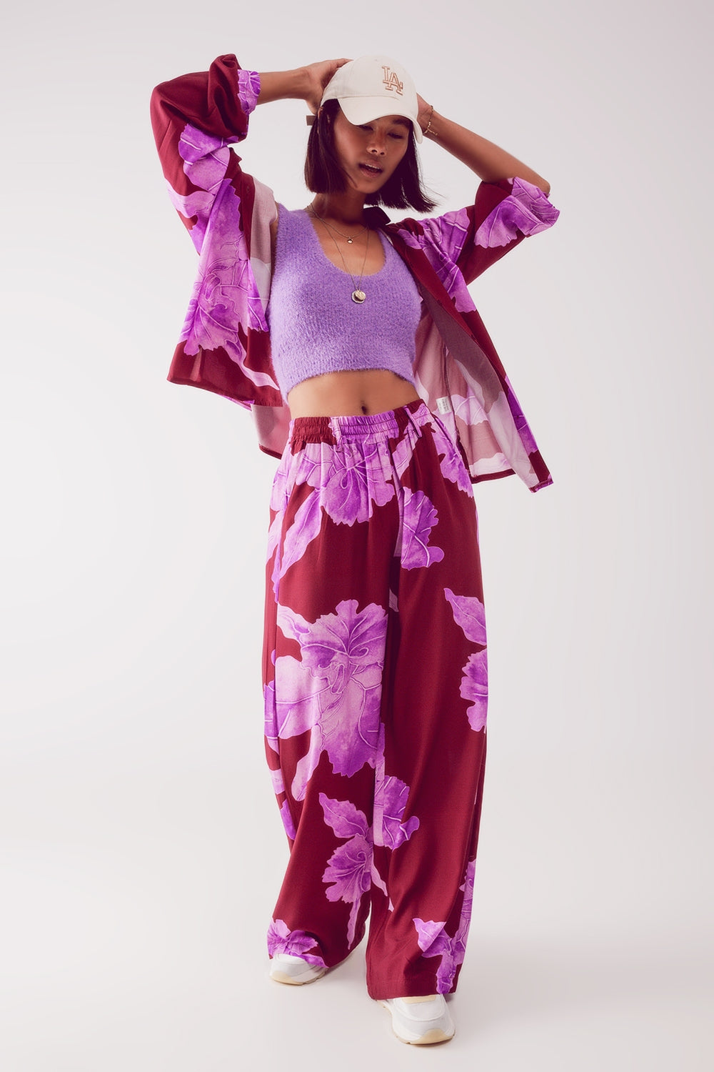 Satin shirt in fuchsia with large floral print - Shirts