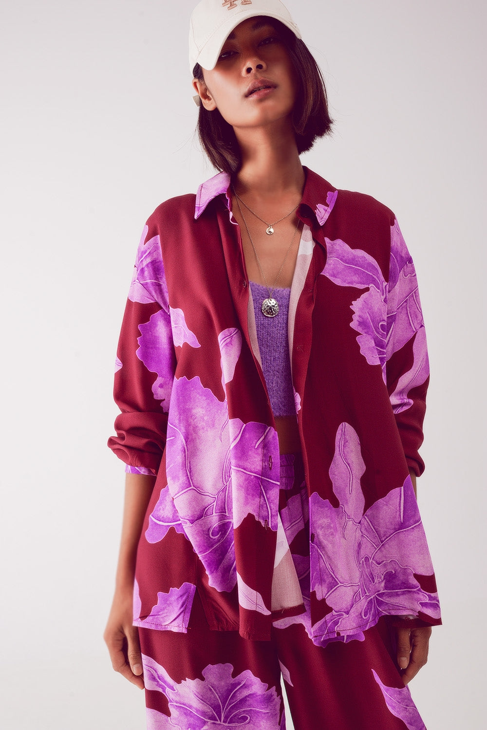 Satin shirt in fuchsia with large floral print - Shirts