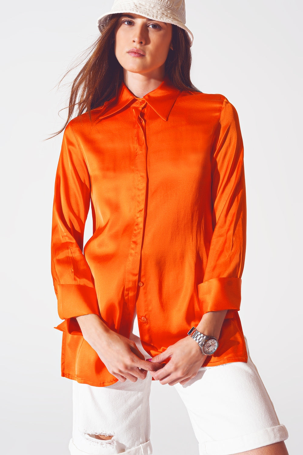 Satin shirt with split cuff in orange - Shirts