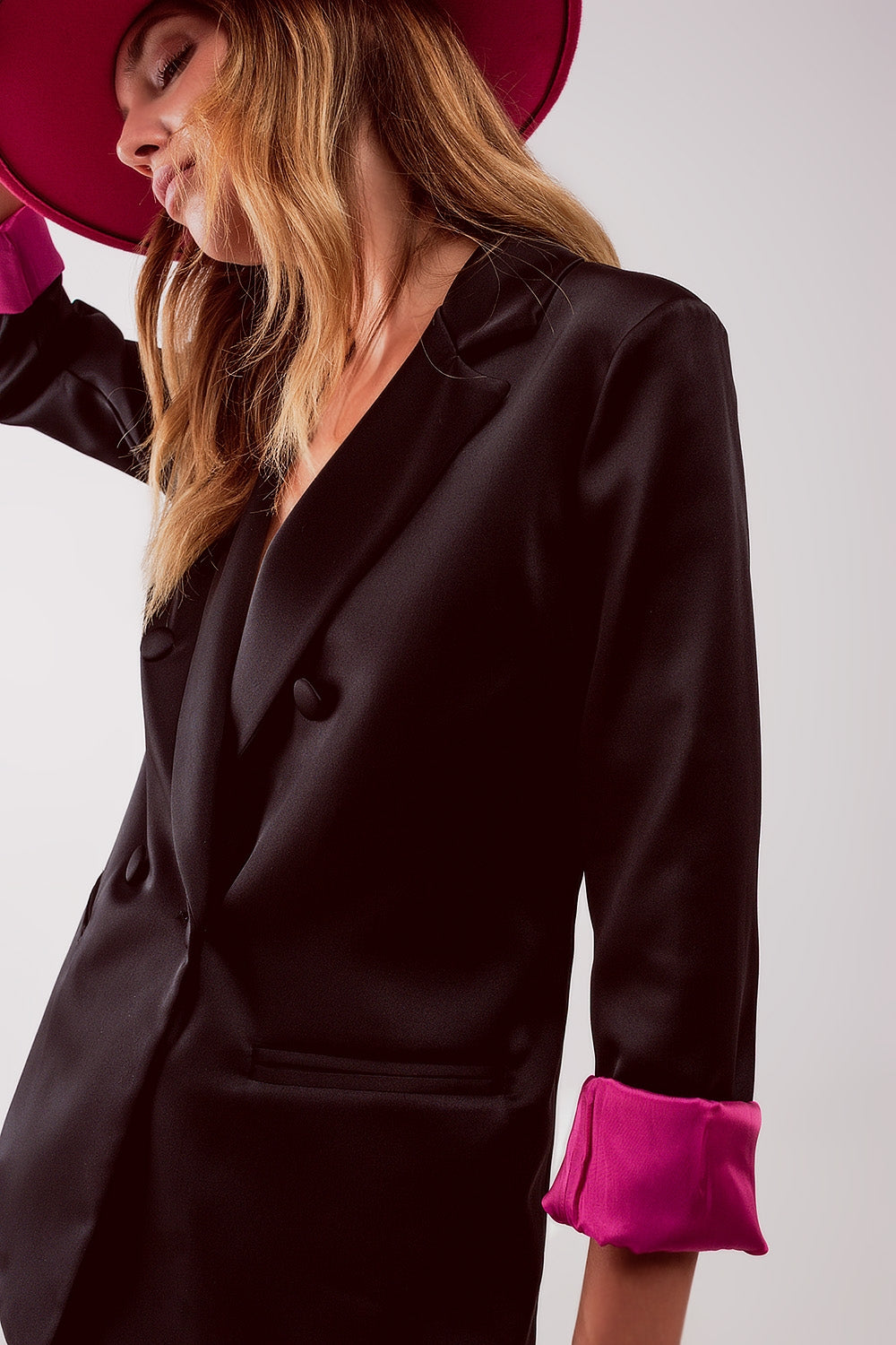 Satin tailored double breast blazer in black - Blazers