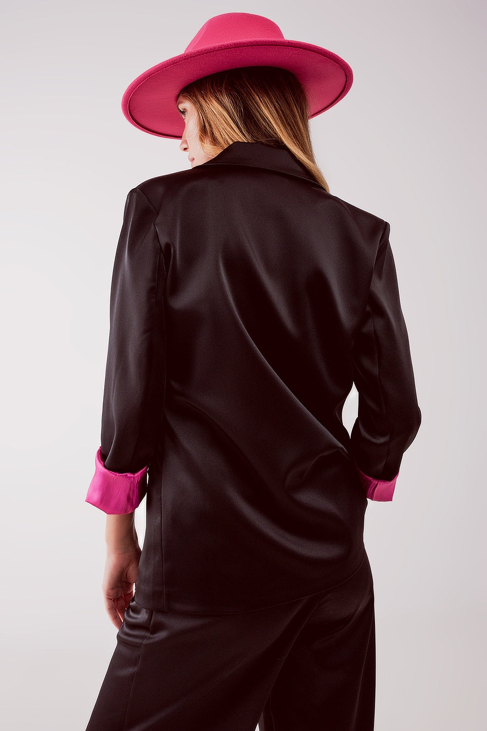 Satin tailored double breast blazer in black - Blazers