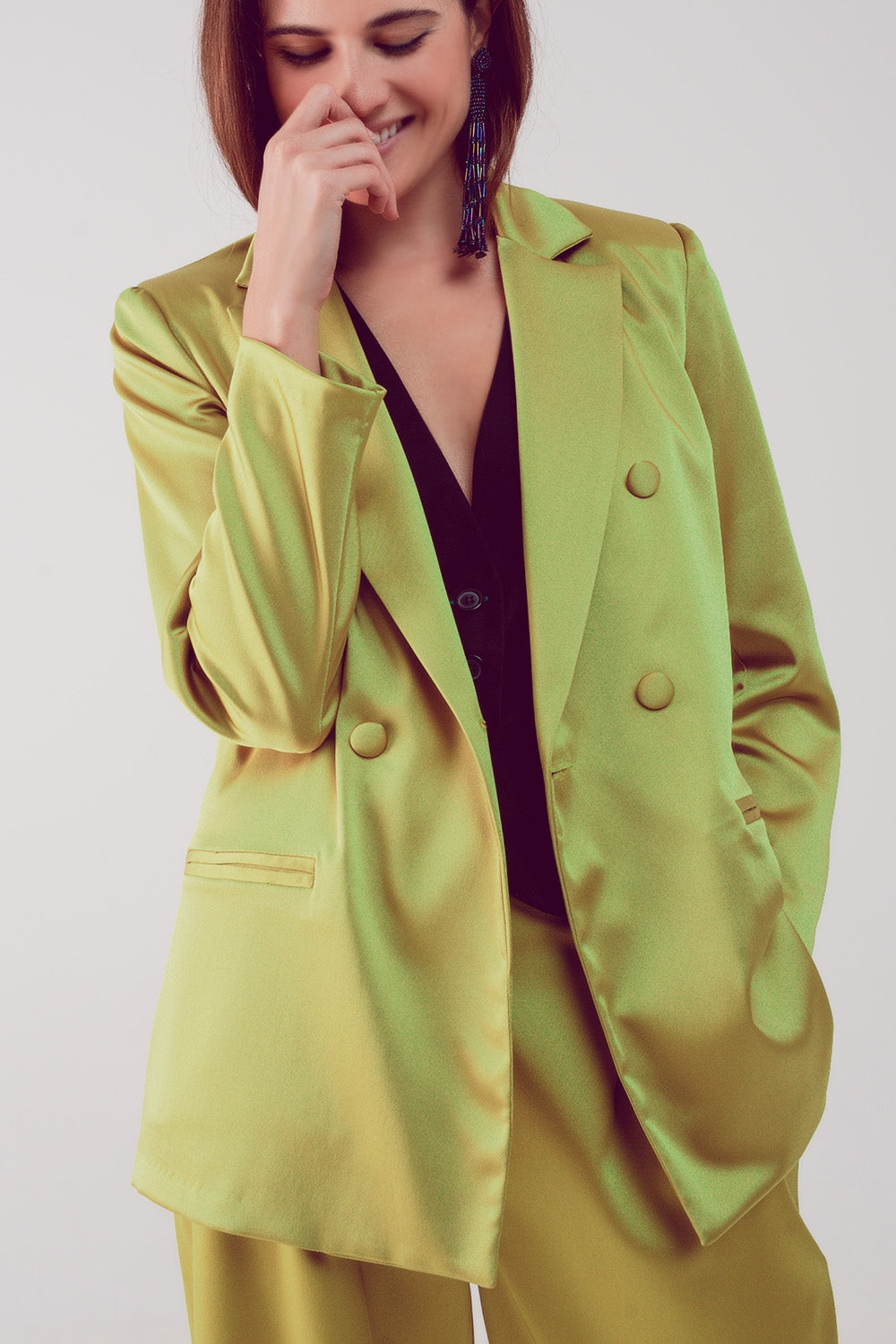 Satin tailored double breast blazer in lime - Blazers