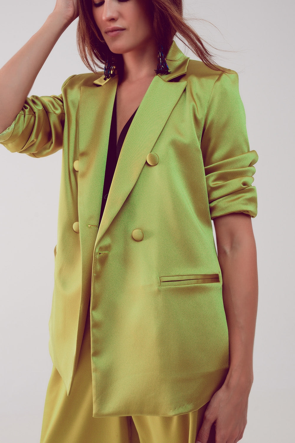 Satin tailored double breast blazer in lime - Blazers