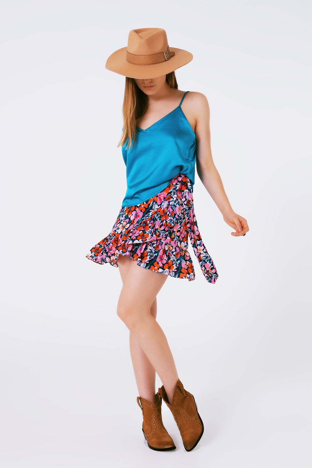Satin Top with Straps in Blue - Tops