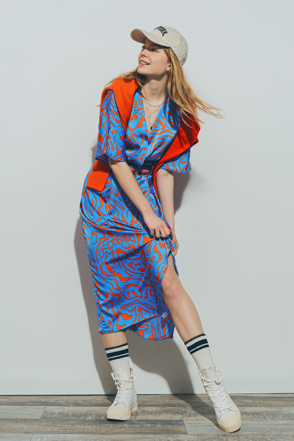 Satin V Neck Midi Dress in Blue - Dresses