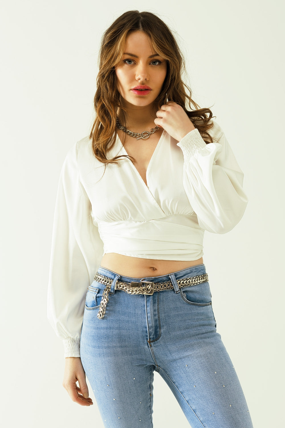 satin wrap crop top fitted at the waist in white - Tops