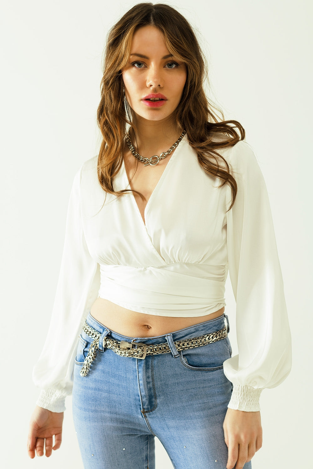 satin wrap crop top fitted at the waist in white - Tops
