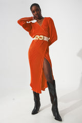 Robe portefeuille plissée en satin orange