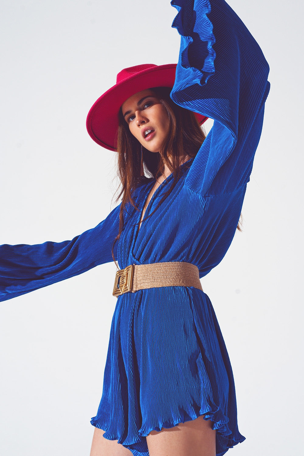 Satin Wrap Deatil Pleated Short Jumpsuit in Blue - Dresses