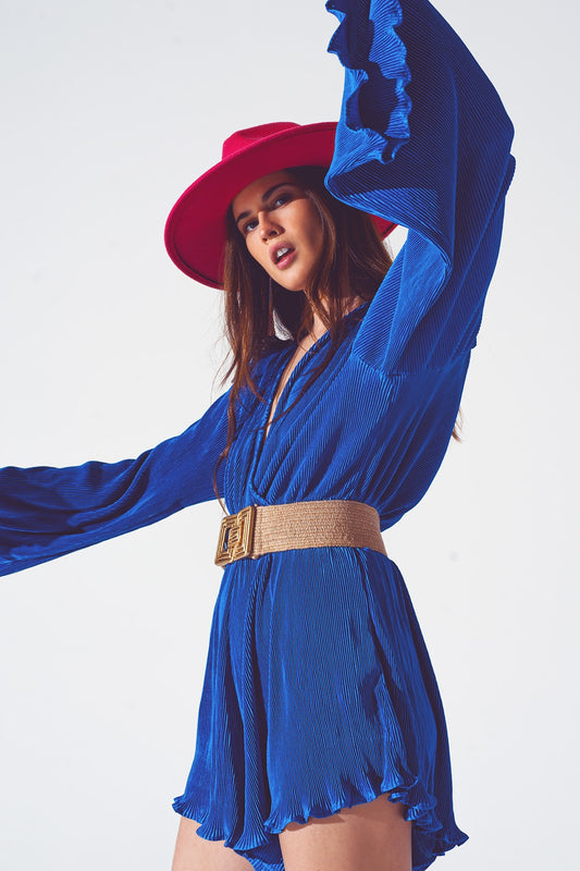 Satin Wrap Deatil Pleated Short Jumpsuit in Blue - Dresses