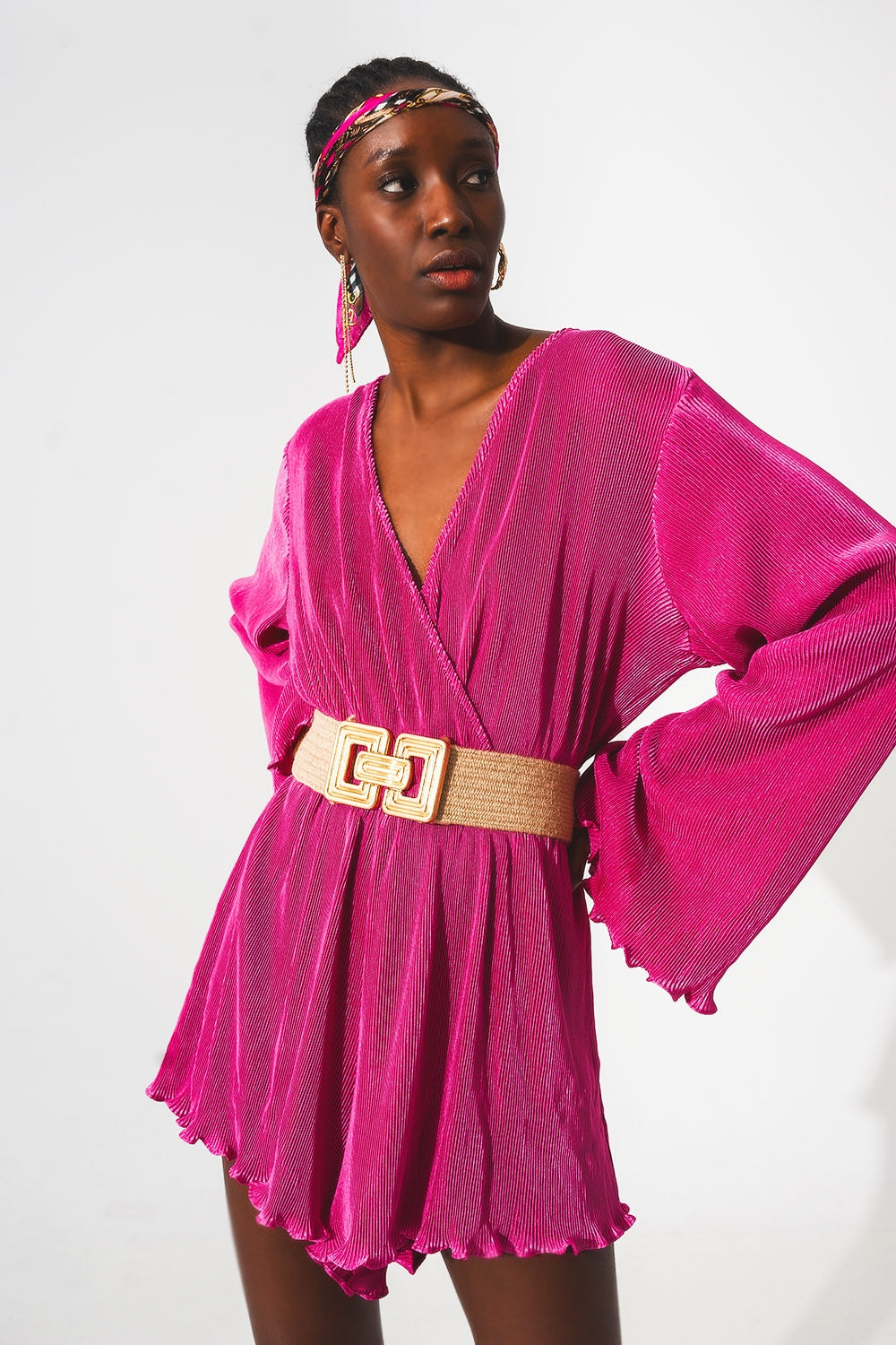 Satin wrap deatil pleated short jumpsuit in fuchsia - Dresses