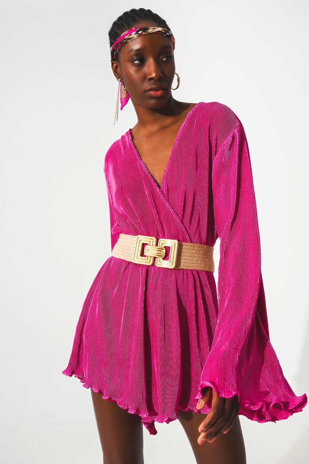Satin wrap deatil pleated short jumpsuit in fuchsia - Dresses