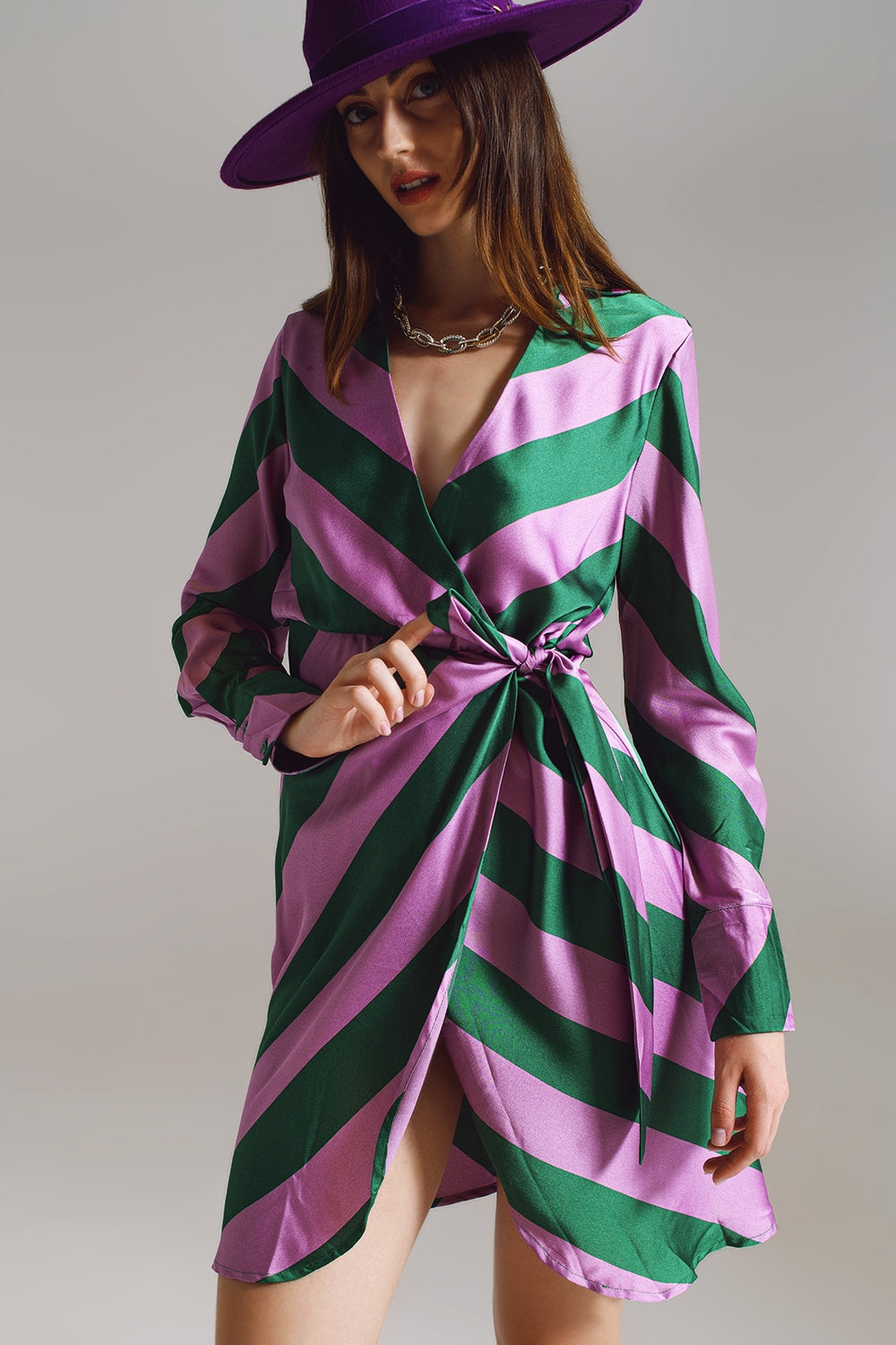 Satin Wrap Dress in Lilac and Green Striped Print - Dresses