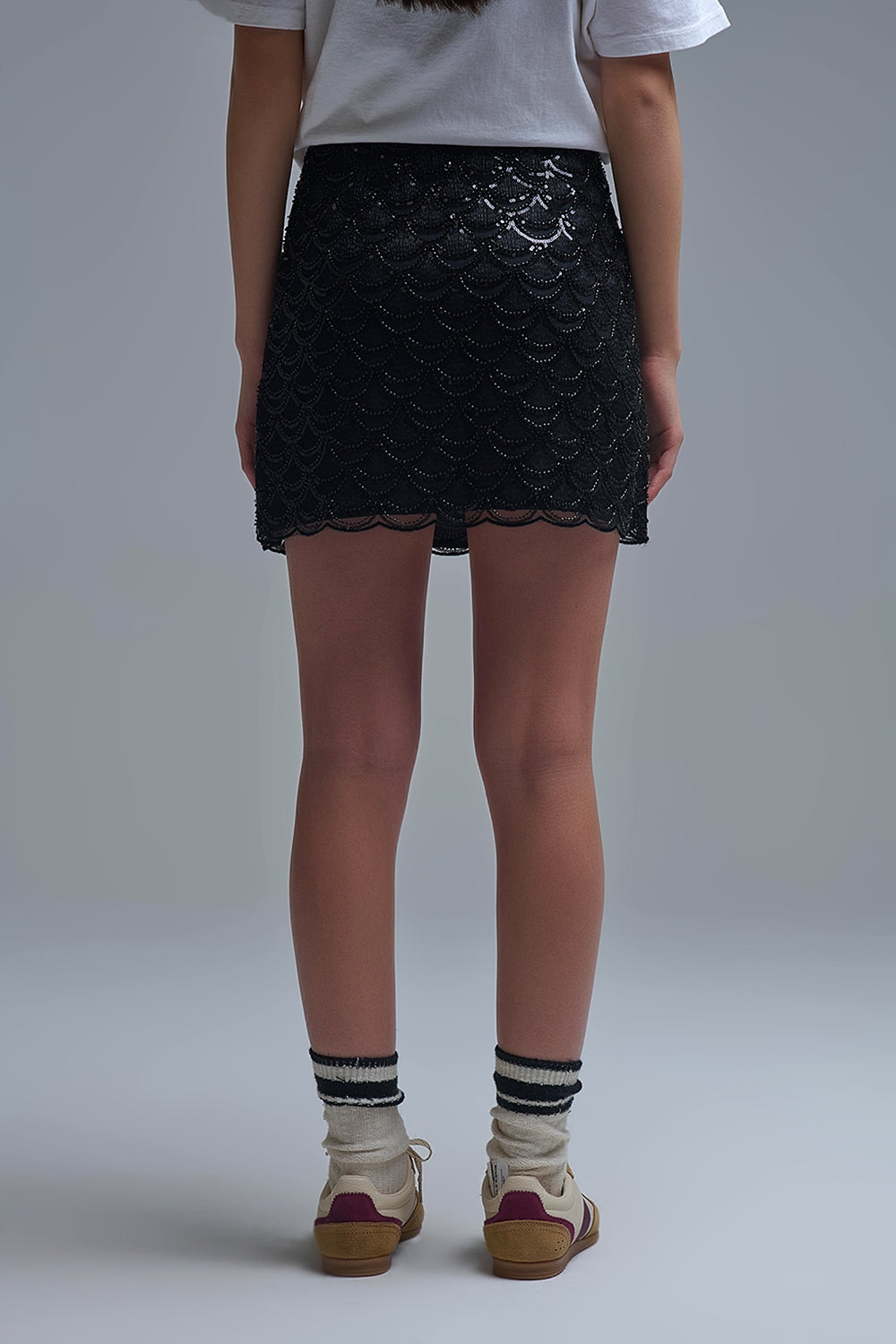 Scalloped Sequin Mini Skirt in Black - Skirts