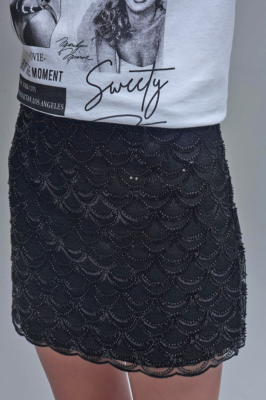 Scalloped Sequin Mini Skirt in Black - Skirts